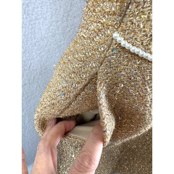 Chou Chou sparkly tweed mini Y2K pearl detail dress gold‎ sz M - Picture 5 of 9
